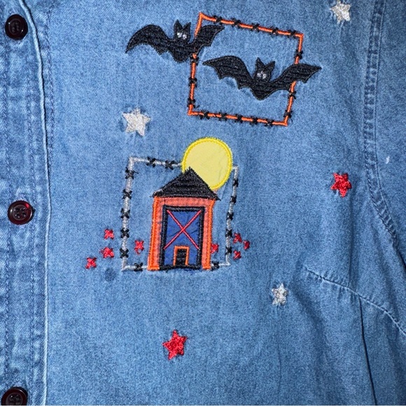 Vintage White Stag Shirt Womens 16W Blue Denim Halloween Embroidered Button Plus - Picture 5 of 11